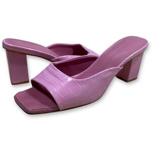 Princess Polly Faux Leather Croc Mules Block Heel Square Toe Pink Sandal Heels 8